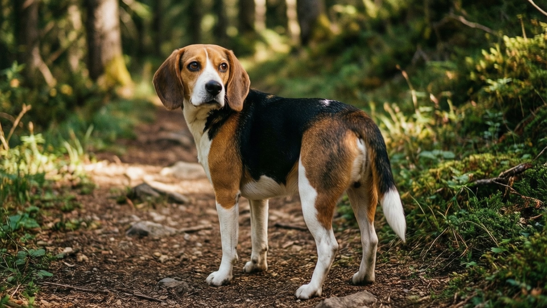 一隻比高獵犬站在森林小徑上，周圍有苔蘚和樹木