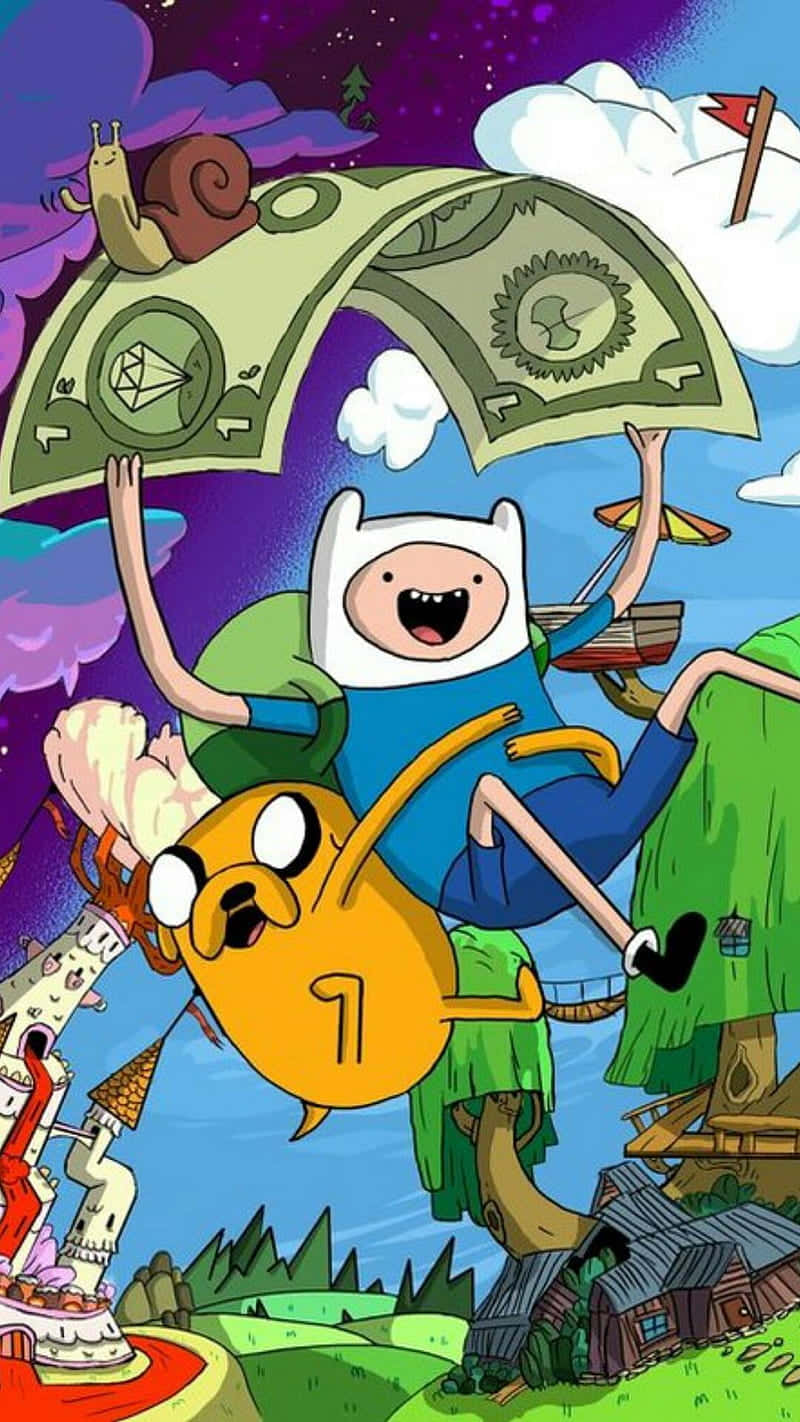  壁紙 — 冒險夥伴 Finn 和 Jake 用巨型美元鈔票降落傘在奇幻的天空中快樂翱翔。