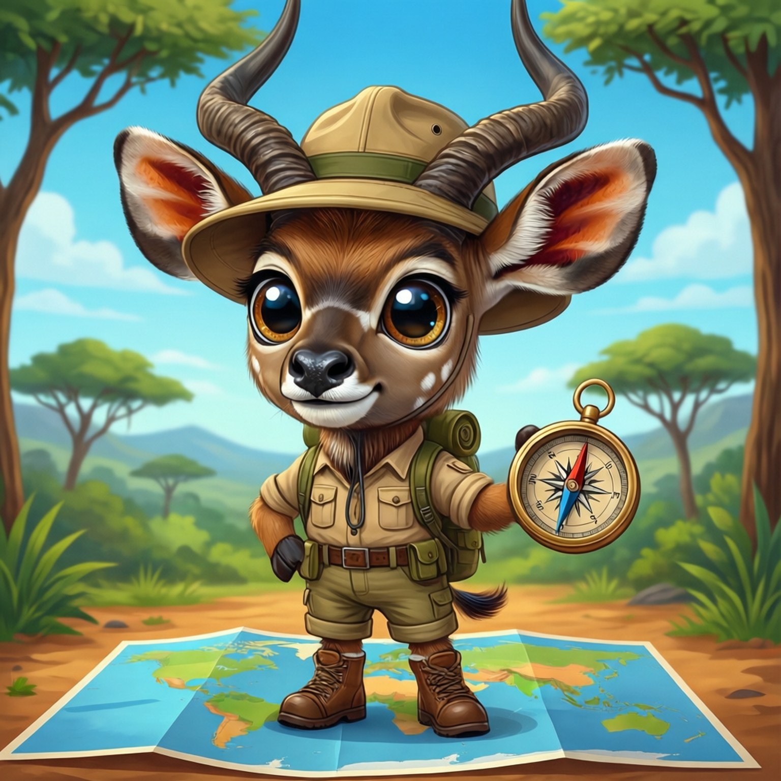 Cute antelope explorer with compass on world map in forest 壁紙