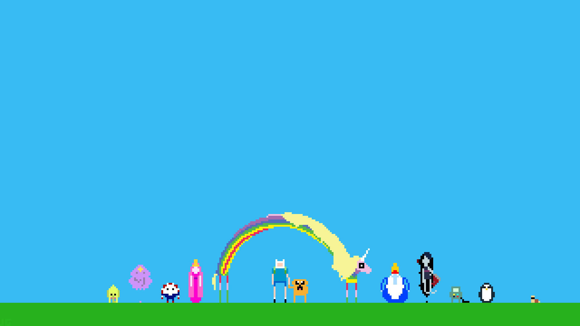 像素藝術《Adventure Time》筆記本電腦壁紙 壁紙 — 來自《探險活寶》的像素化角色站在綠色草地上，藍天白雲下有一隻彩虹獨角獸。