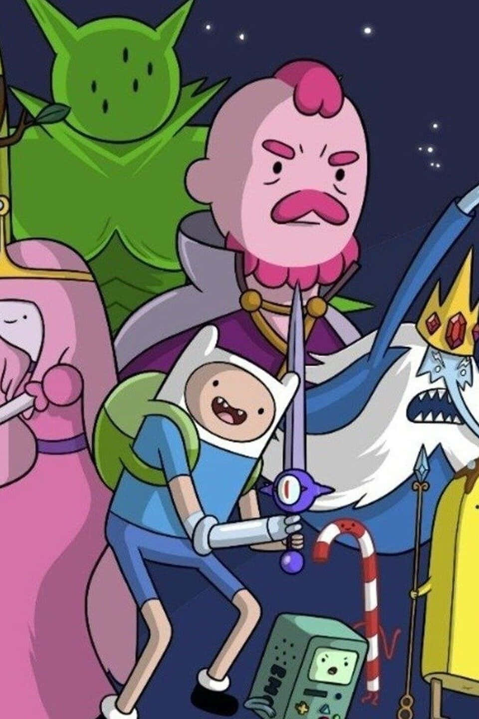 Adventure Time Finn 插劍圖 壁紙 — 探險活寶的冒險角色們在星空下一同站立，手持武器和一根拐杖糖。