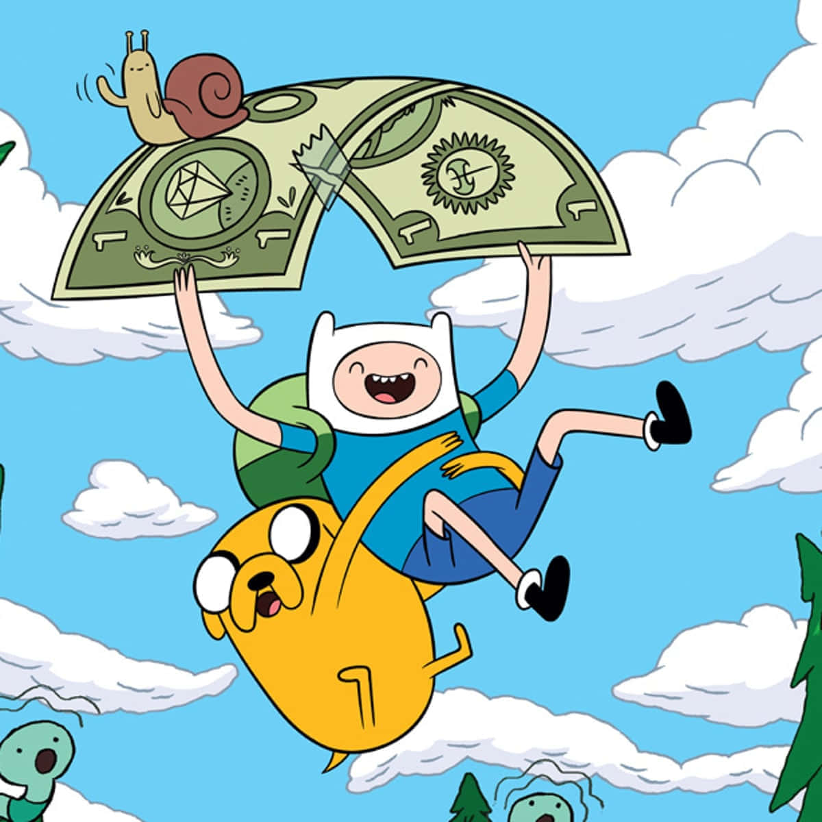 Adventure Time Finn 與 Jake 雨傘撒錢圖 壁紙 — 冒險二人組芬恩和傑克快樂地飛翔在明亮的藍天上，手持一把巨大的美元鈔票傘，傘頂有一隻蝸牛。