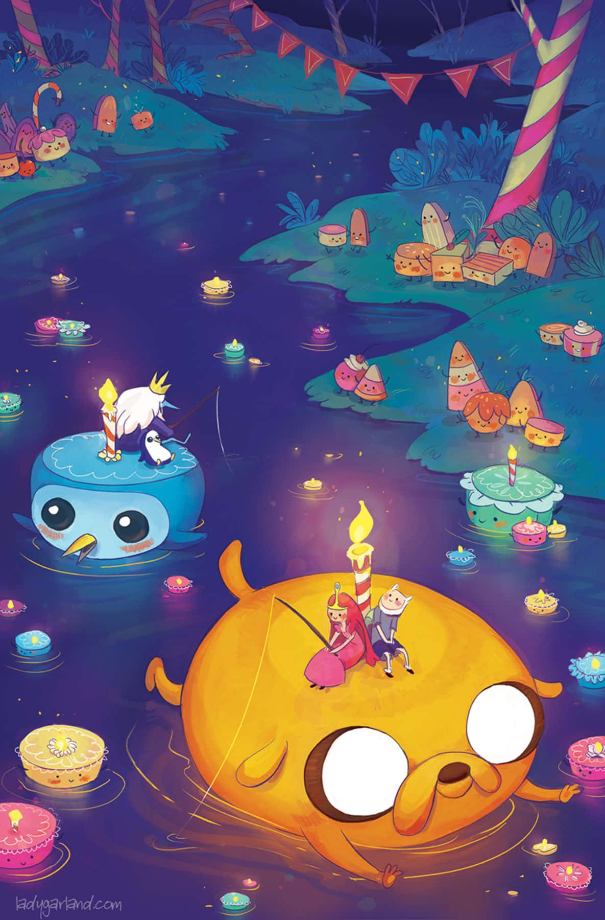 Adventure Time Jake 浮水圖 壁紙 — 探險活寶角色在魔法暮色沼澤的漂浮蛋糕島上慶祝一個奇特的生日派對。
