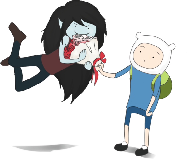 Adventure Time 吸血鬼與英雄 壁紙 — 一個卡通男孩牽著一個女孩的手，她漂浮在半空中，緊握著一個佈滿玫瑰的禮物盒。
