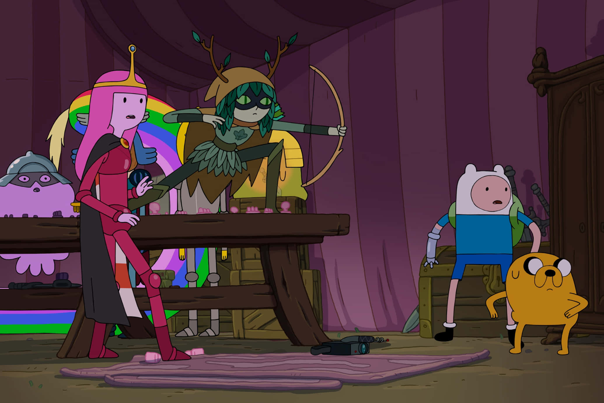 Adventure Time 劇集場景壁紙 壁紙 — 冒險角色在昏暗的紫色房間中，一名弓箭手瞄準目標。