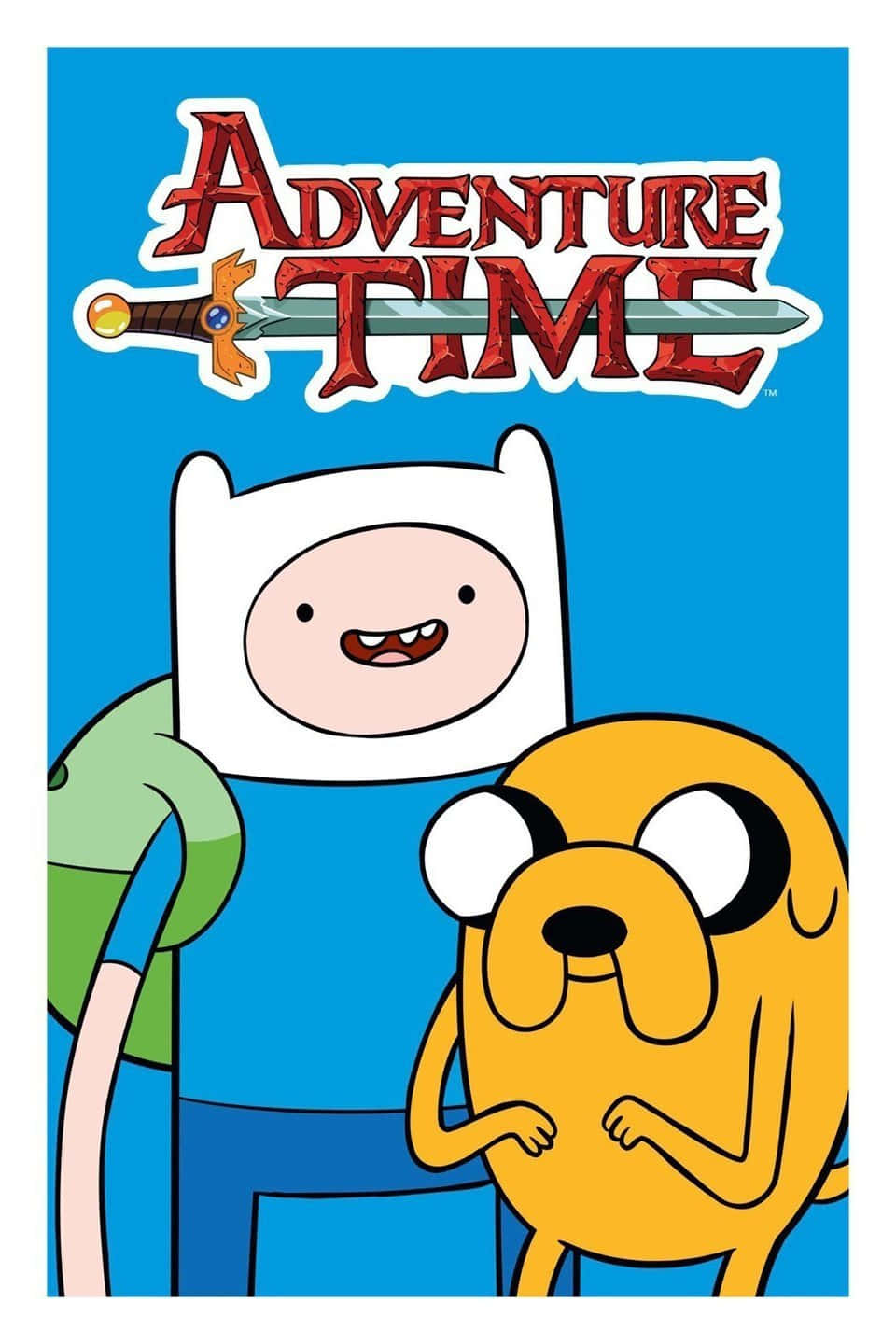 《Adventure Time》可愛芬恩與傑克海報圖像 壁紙 — 探險活寶標題卡，芬恩和阿寶在明亮的藍色背景上微笑。
