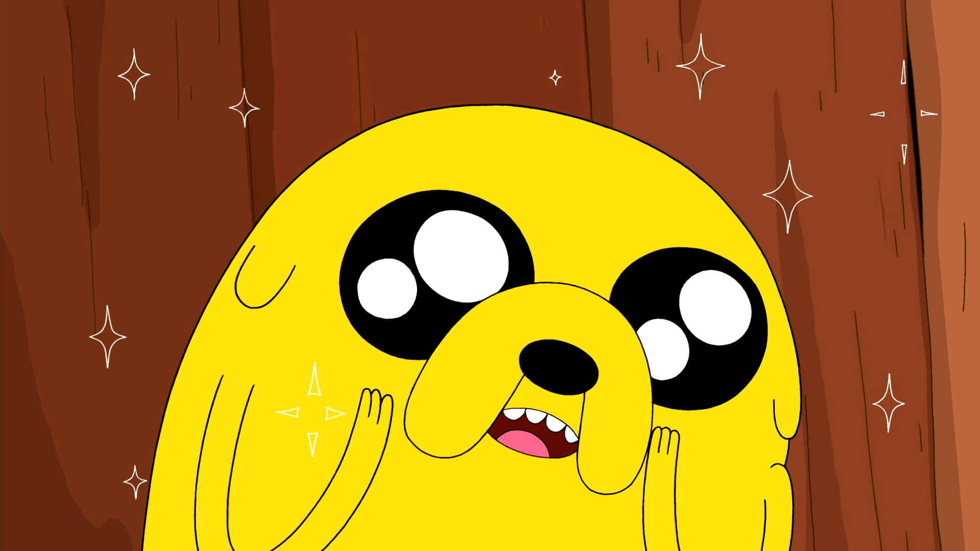 《Adventure Time》可愛傑克圖像 壁紙 — 一隻黃色卡通狗，眼睛睜大，表情驚訝，站在帶有閃爍星光的木質背景前。