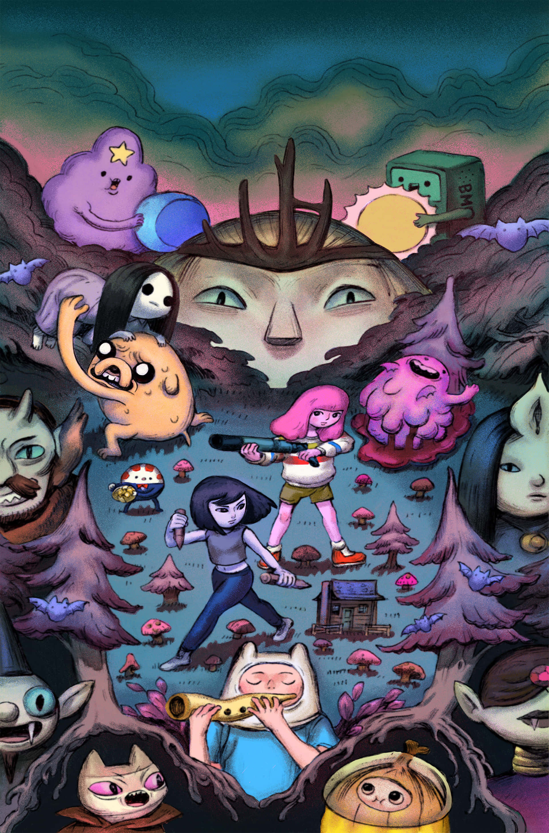Adventure Time 同人藝術圖 壁紙 — 一個充滿活力的奇幻場景，動畫角色如芬恩和傑克在暮色天空下探索一個充滿巨型面孔和發光蘑菇的超現實森林。