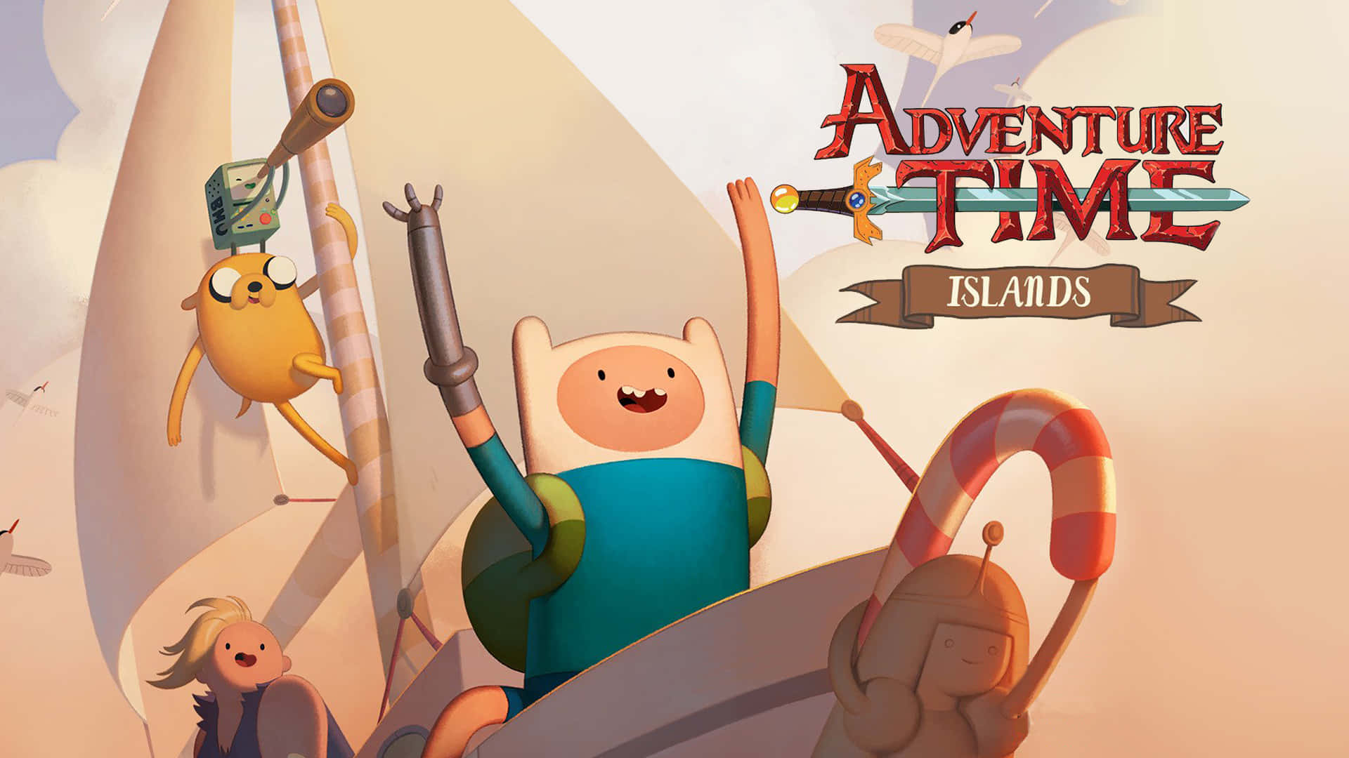 Adventure Time 島嶼圖 壁紙 — 探險活寶角色在糖果主題的船上愉快航行，天空柔和，節目標題顯眼展示。