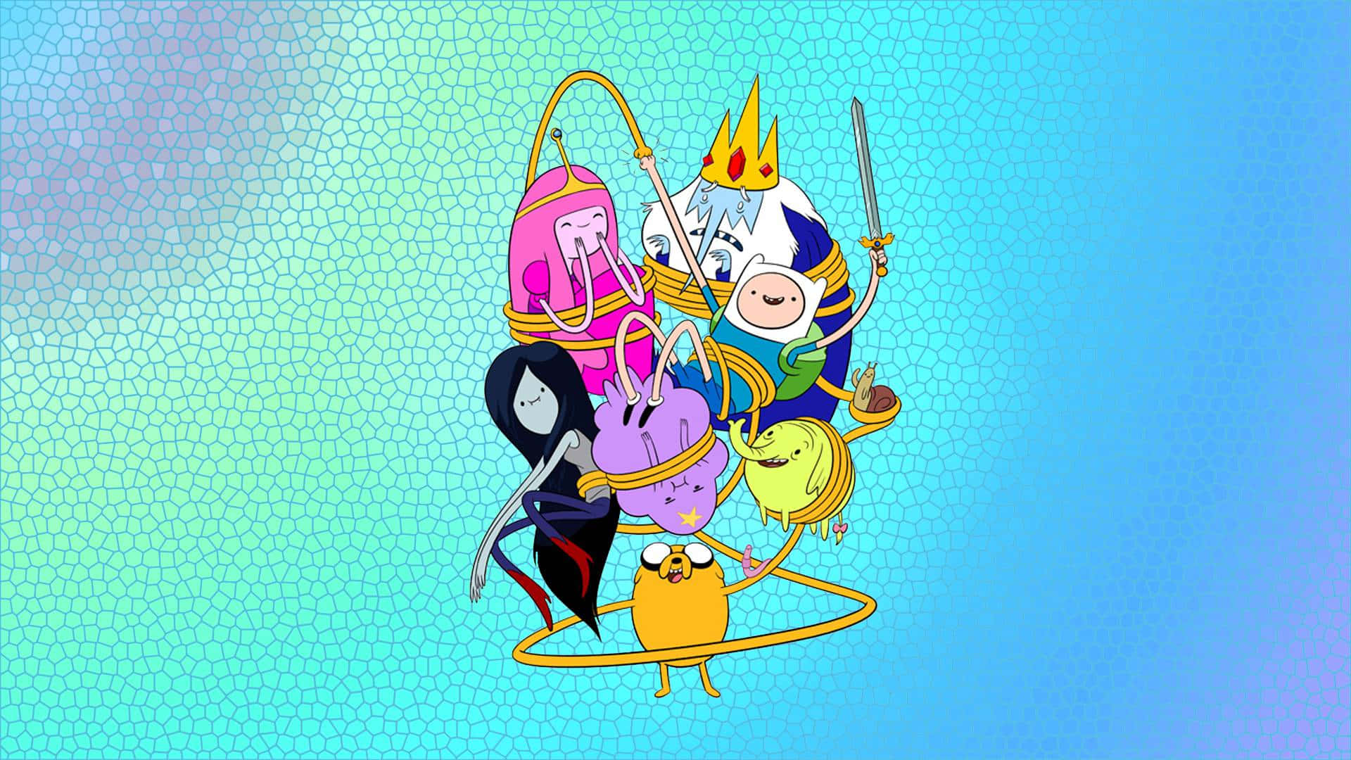 《Adventure Time》搞笑傑克綁人圖像 壁紙 — 一群色彩繽紛的卡通人物在漸變藍色馬賽克背景前擺出動態姿勢。