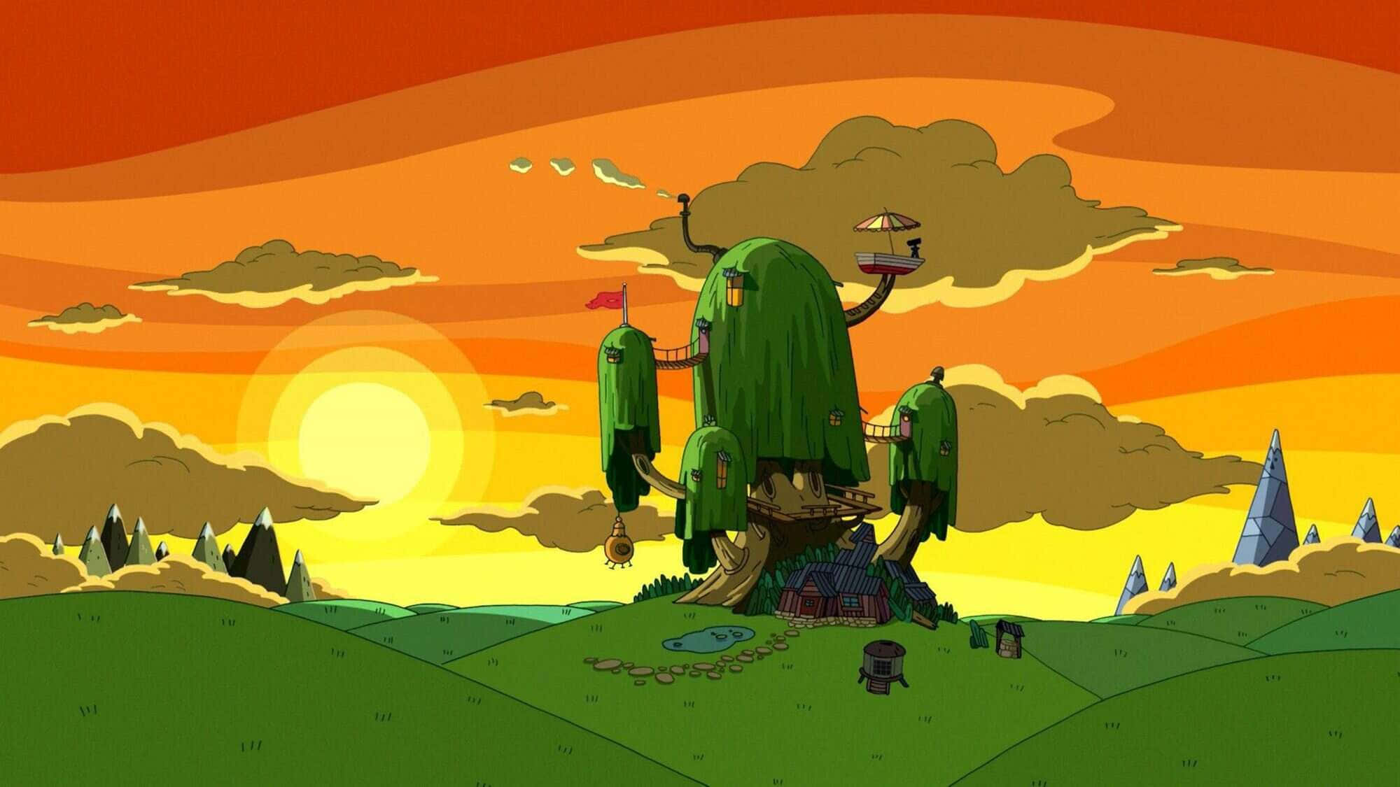 《Adventure Time》日落樹屋圖像 壁紙 — 一個奇幻的樹屋村莊棲息在一棵巨樹上，背景是充滿活力的日落天空，有橙色雲朵和發光的太陽。