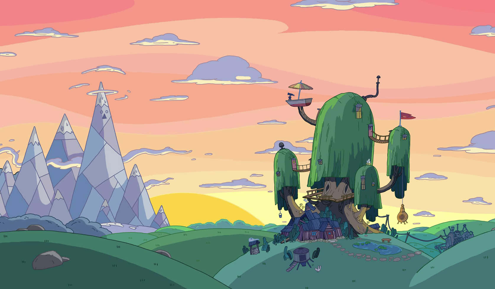 Adventure Time 樹屋與冰王城堡壁紙 壁紙 — 一個奇幻的樹屋村莊坐落在日落時分的山丘上，背景是鋸齒狀的山脈。