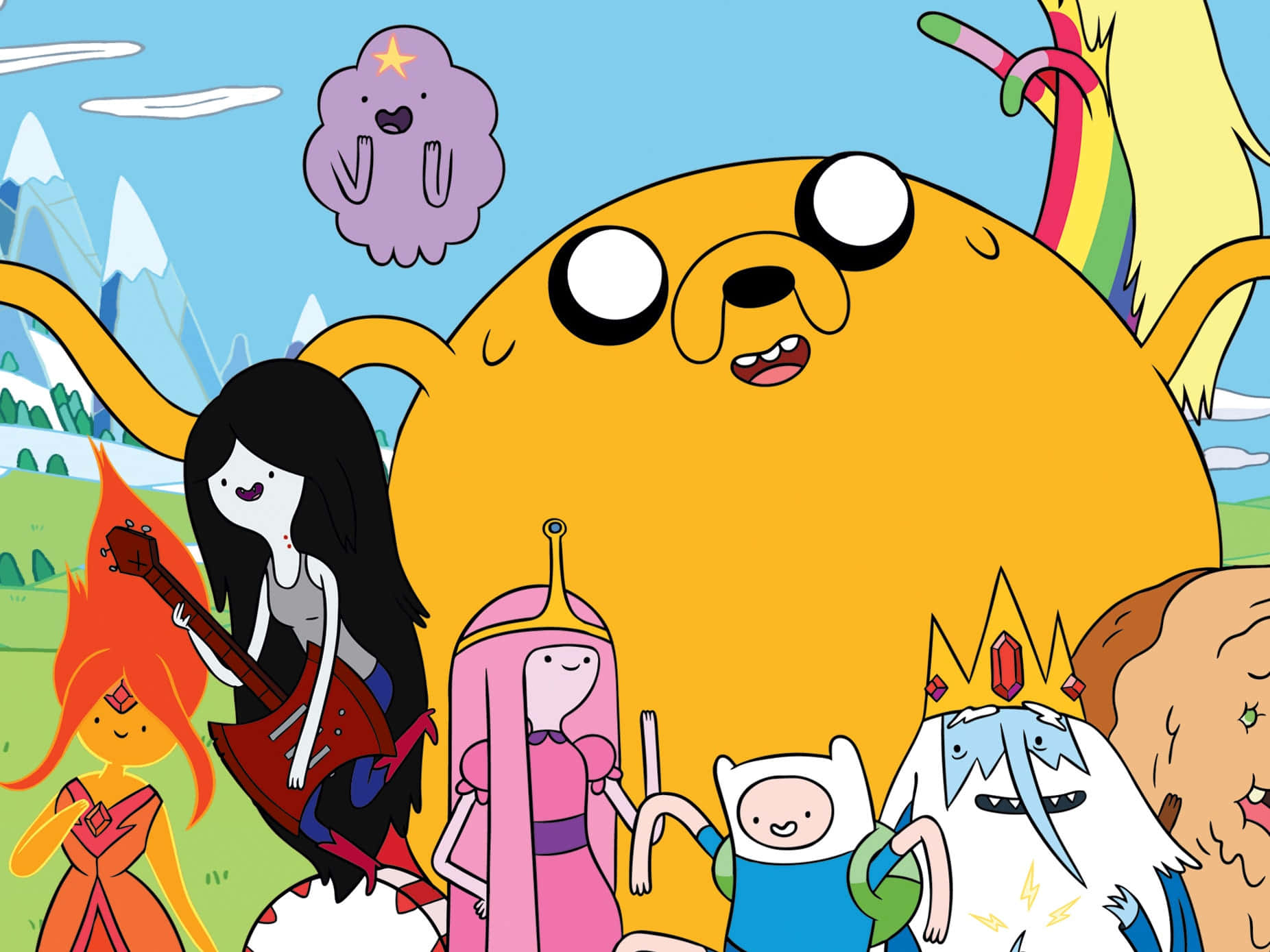 《Adventure Time》氣球傑克圖像 壁紙 — 一個充滿活力的卡通動畫角色群體，包括傑克狗和泡泡糖公主，在群山背景下愉快地擺姿勢。
