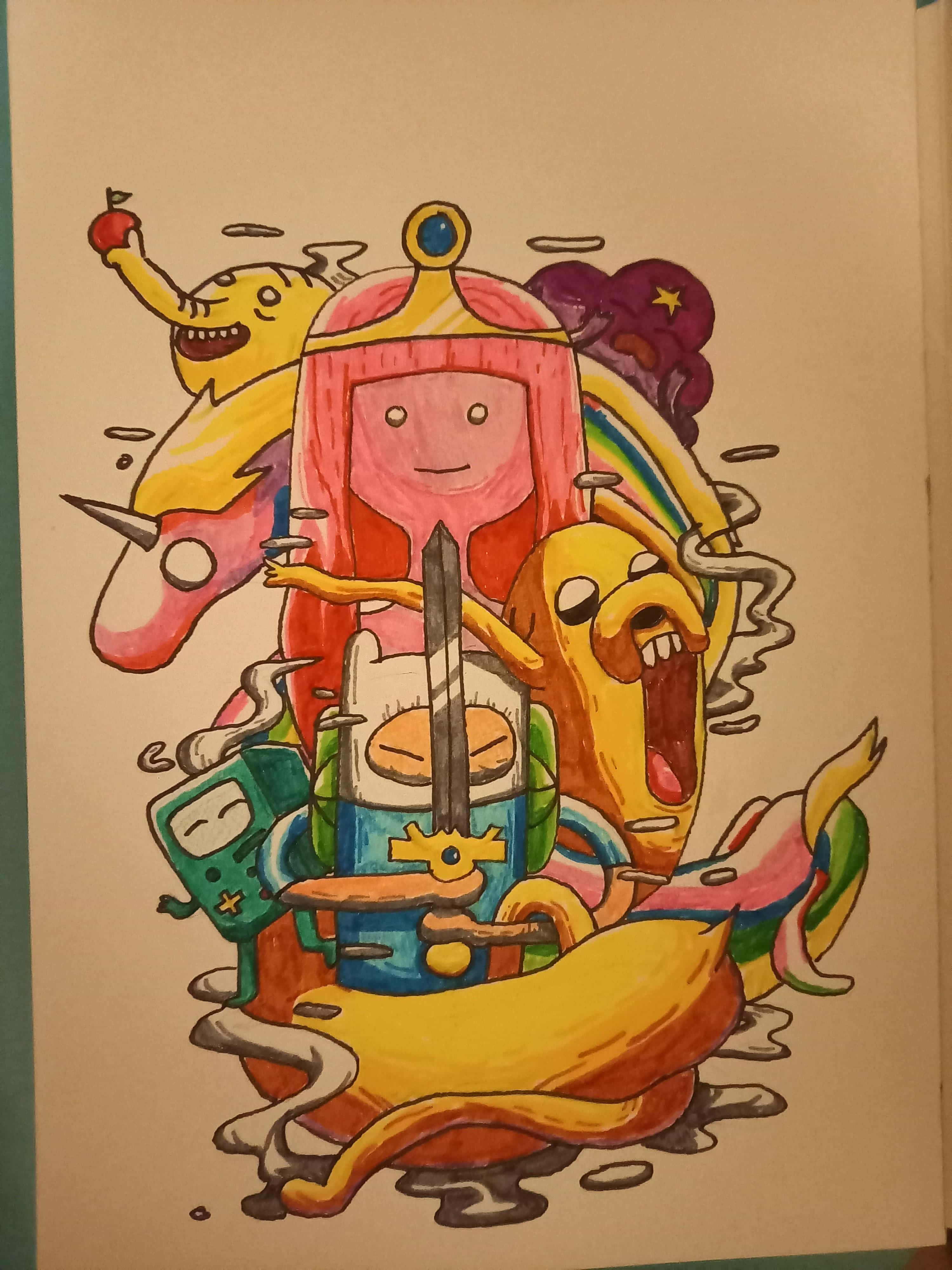 《Adventure Time》粉絲藝術繪圖 壁紙 — 一幅色彩繽紛的手繪插圖，描繪《探險活寶》角色以混亂而歡樂的群體姿勢，表情豐富，線條動感。