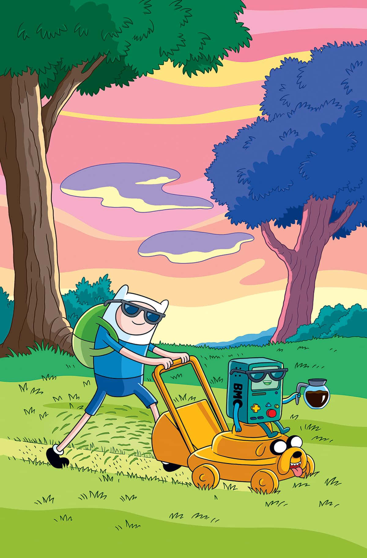《Adventure Time》芬恩為傑克製造車輛圖像 壁紙 — 冒險夥伴喺粉彩色日落天空下推住除草機穿過充滿活力嘅田野。
