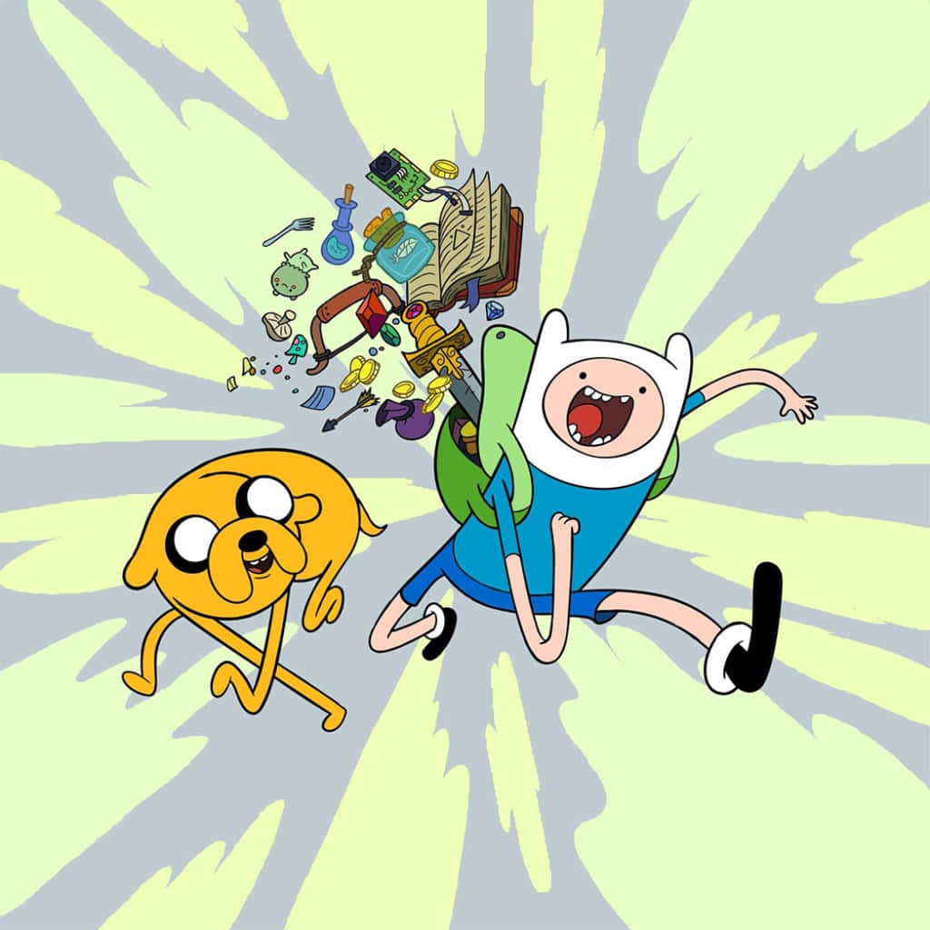 《Adventure Time》芬恩與傑克狂奔圖像 壁紙 — 冒險男孩和他的狗在閃耀的綠色和灰色背景下衝過魔法物品的爆發。