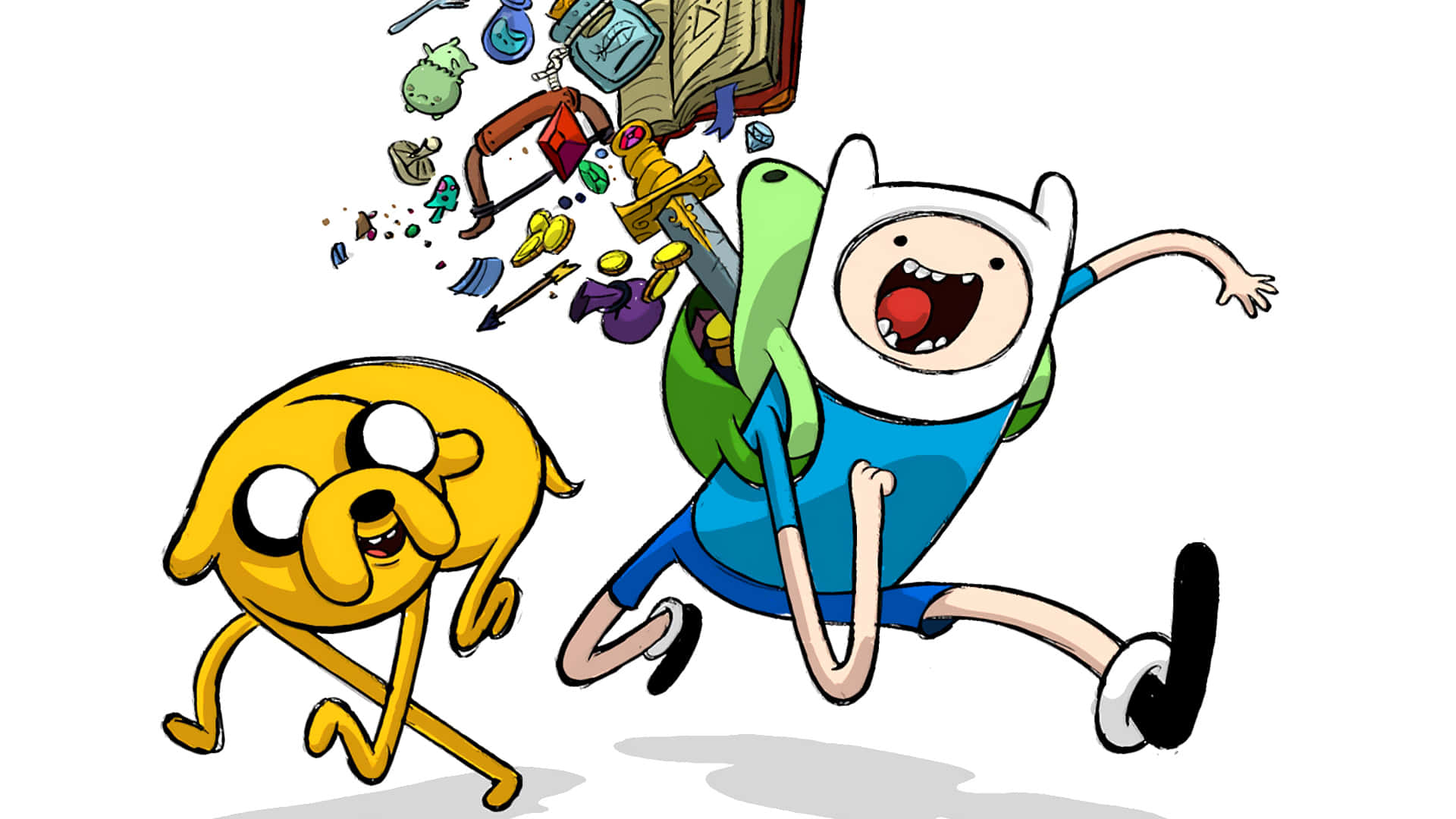 Adventure Time 芬恩與傑克奔跑圖 壁紙 — 冒險夥伴芬恩和傑克快樂地奔跑，身後有混亂的魔法物品爆炸。