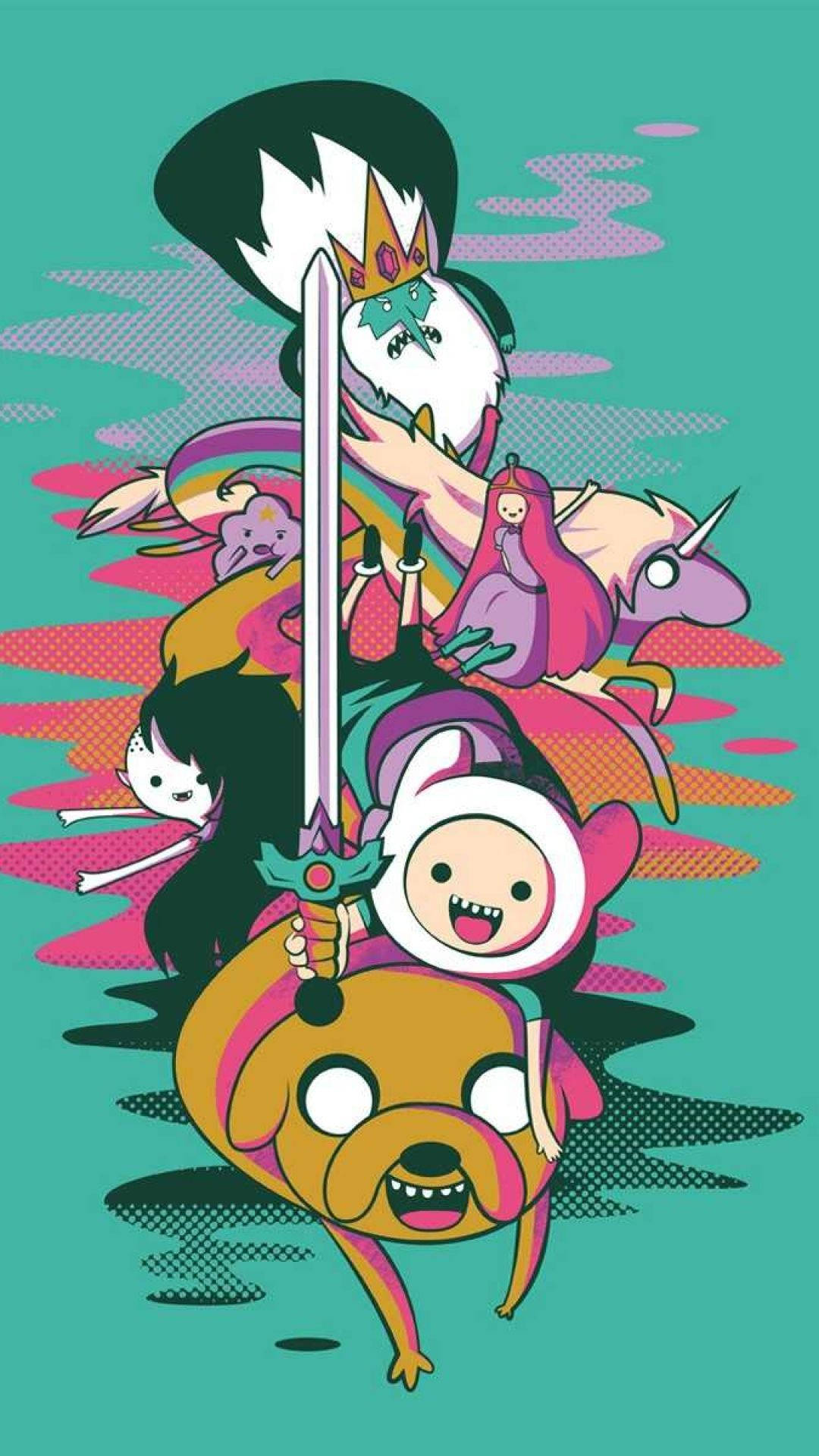 《Adventure Time》芬恩與傑克蒸汽波風格藝術 壁紙 — 一幅充滿活力的卡通插圖，描繪《探險活寶》角色在青綠色和粉紅色漸變背景上動態堆疊。