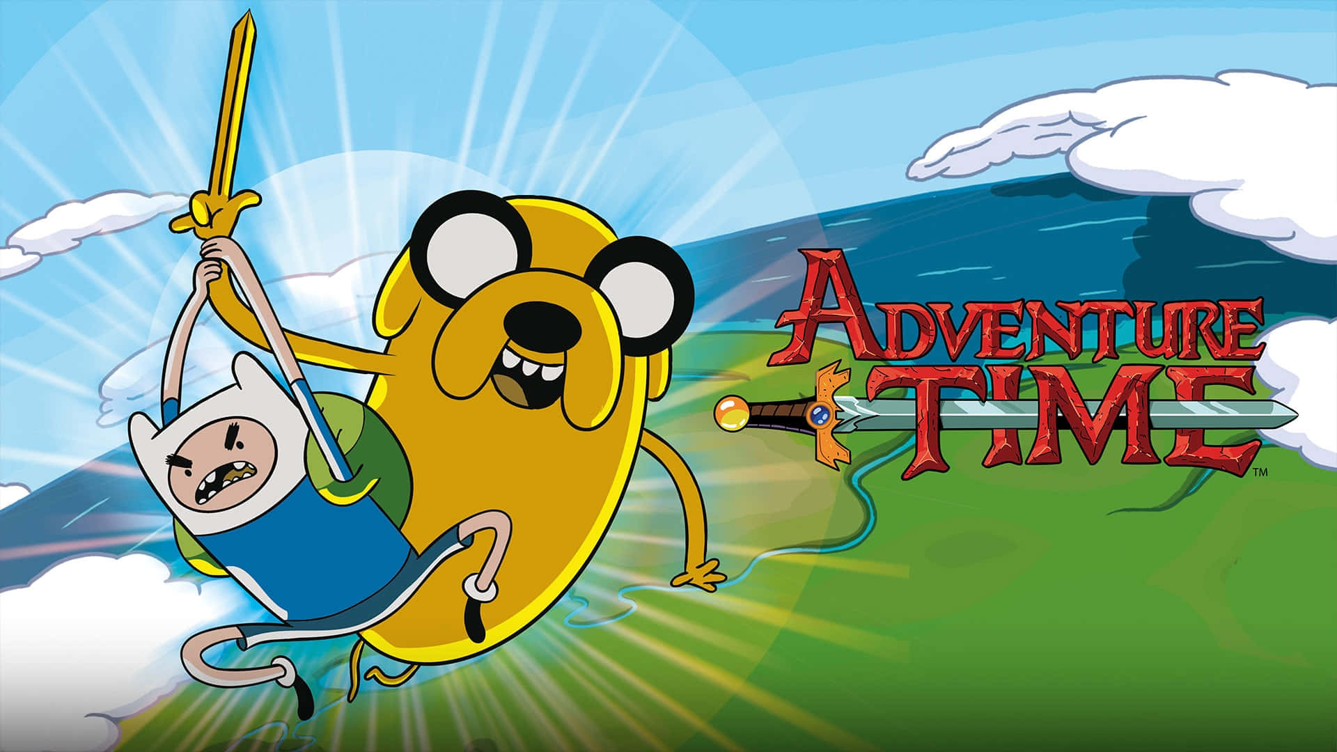 Adventure Time 芬恩與傑克角色海報圖 壁紙 — 探險活寶角色芬恩和傑克在明亮的天空中翱翔，手持一把劍，節目標誌在他們旁邊發光。