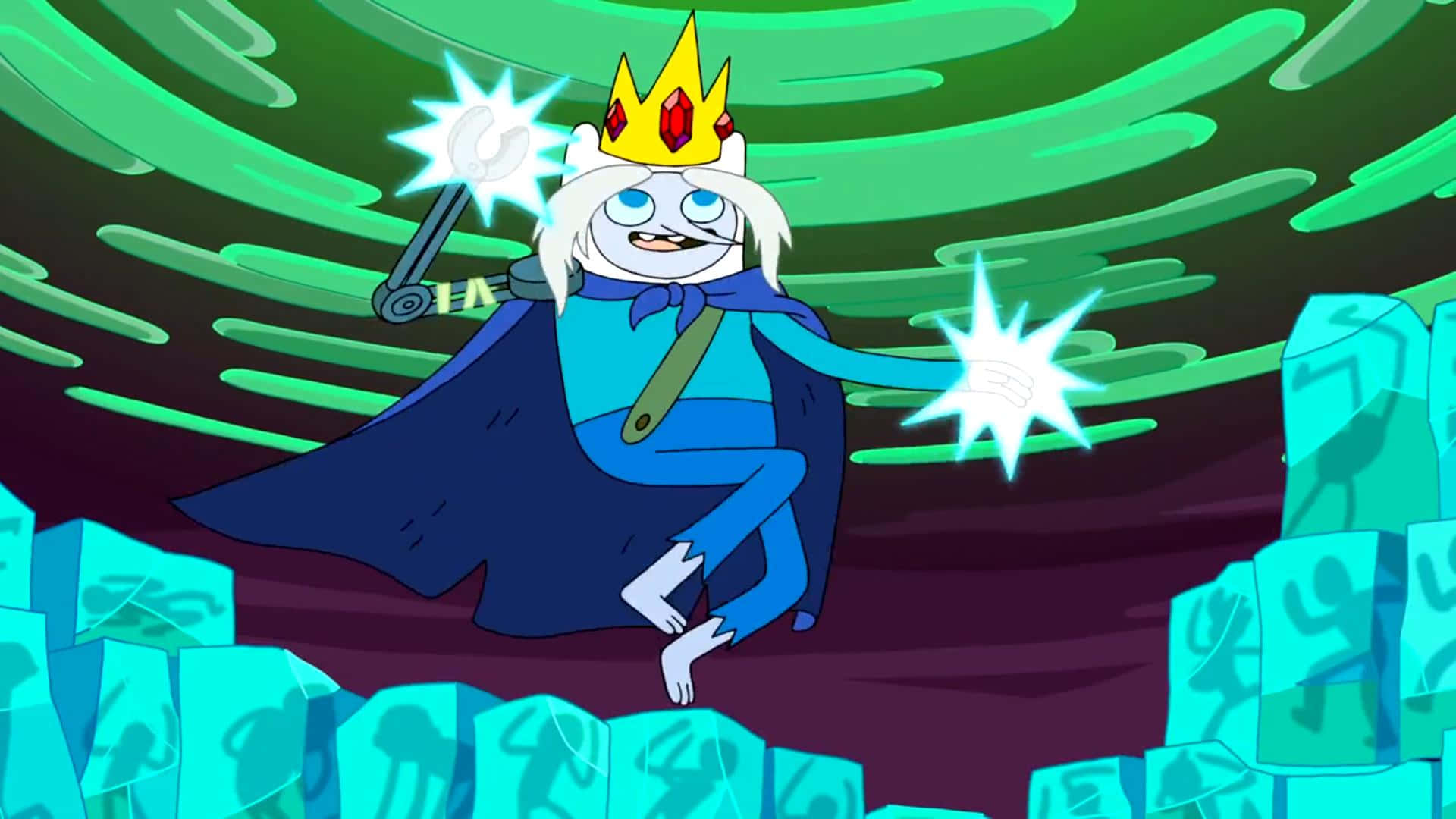 Adventure Time 芬恩與冰王合體壁紙 壁紙 — 一個卡通冰王穿著藍色長袍和皇冠，在一個被冰塊包圍的旋轉綠色虛空中揮舞著發光的魔法。
