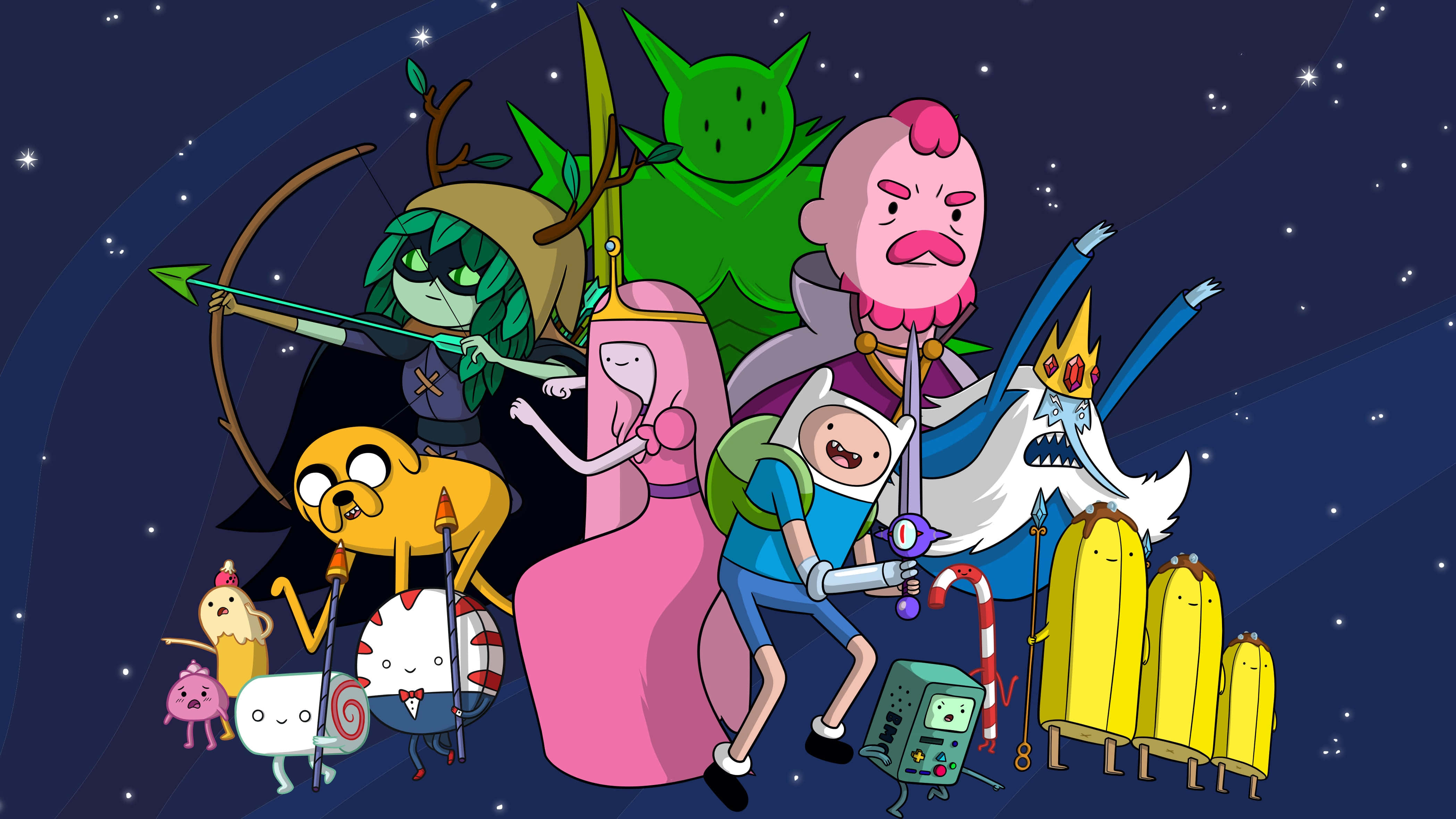 Adventure Time 角色星空站姿壁紙 壁紙 — 探險活寶角色在星空下英勇擺姿勢，背景有宇宙漩渦和發光星星。