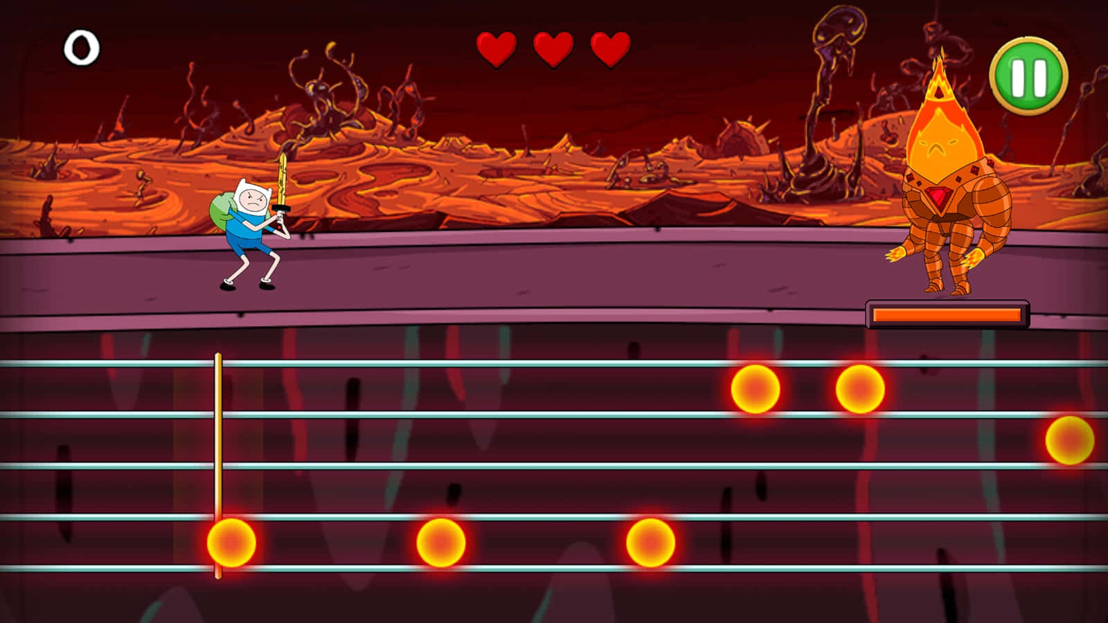 Adventure Time 遊戲截圖壁紙 壁紙 — 冒險角色在熾熱的熔岩景觀中戰鬥，並帶有音樂音符的遊戲元素。