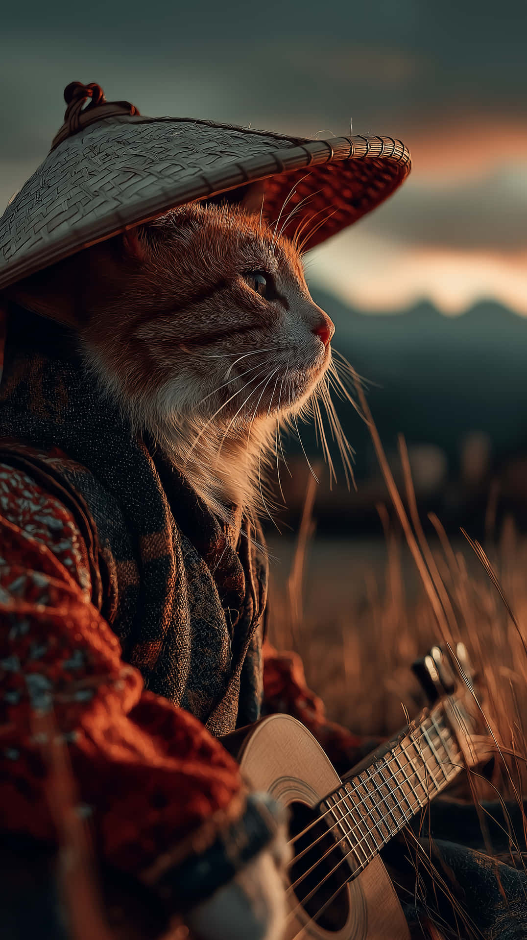 薑貓戴帽和圍巾在夕陽草地抱結他