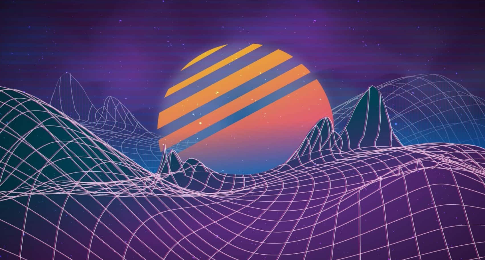 在星空紫色天空下，條紋橙色太陽下方的線框山脈。