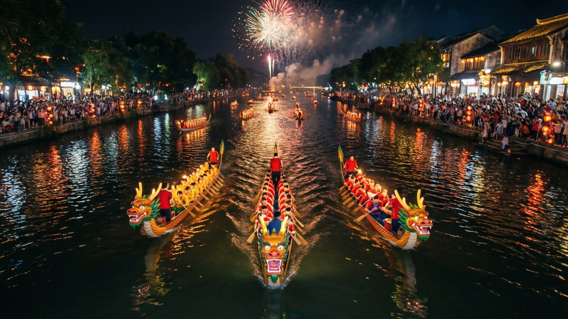 夜色燈光與煙火下，龍舟競渡的壯觀無人機航拍畫面。