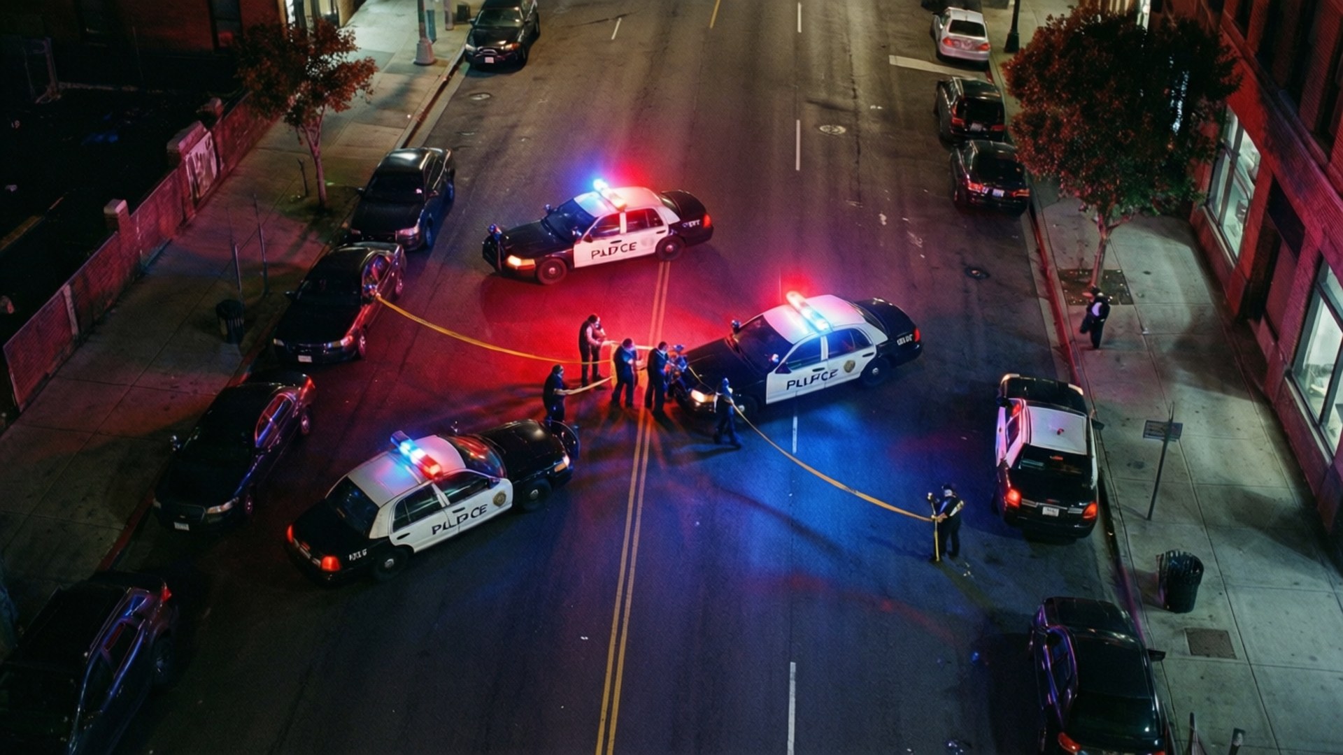 夜間城市街道上閃爍燈光的犯罪現場的警察。