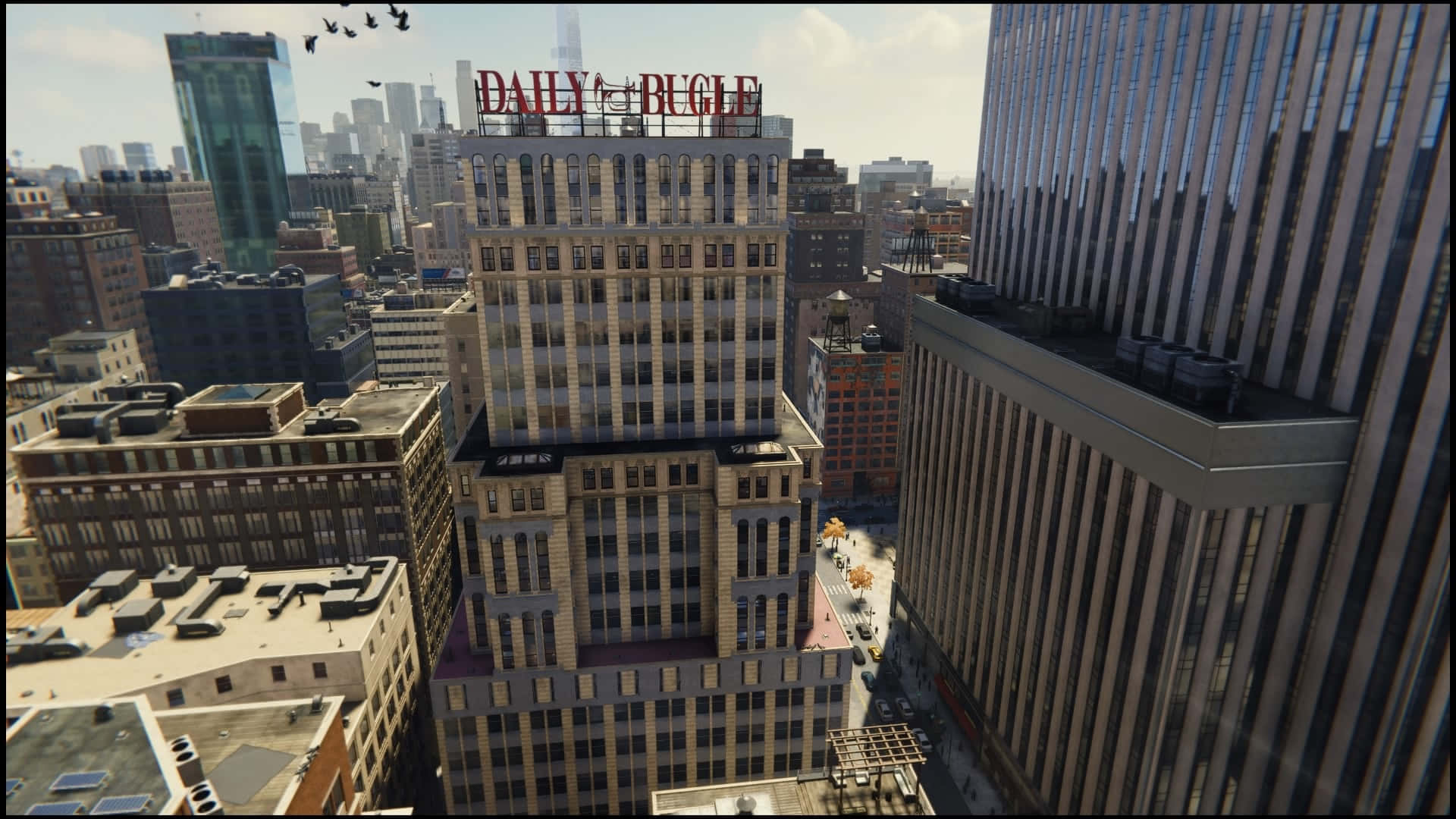 Daily Bugle 桌布 壁紙 — 繁忙城市景觀的鳥瞰圖，以 Daily Bugle 大樓為主導，鳥兒在頭頂飛翔。