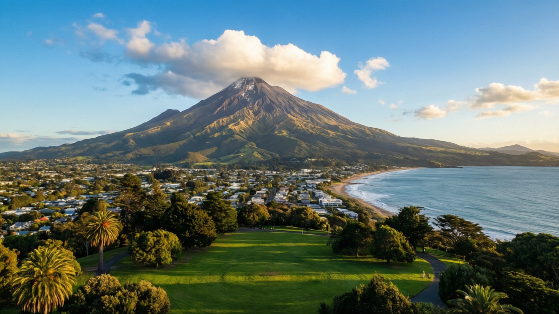 日落時分，背景有大型火山的沿海小鎮。