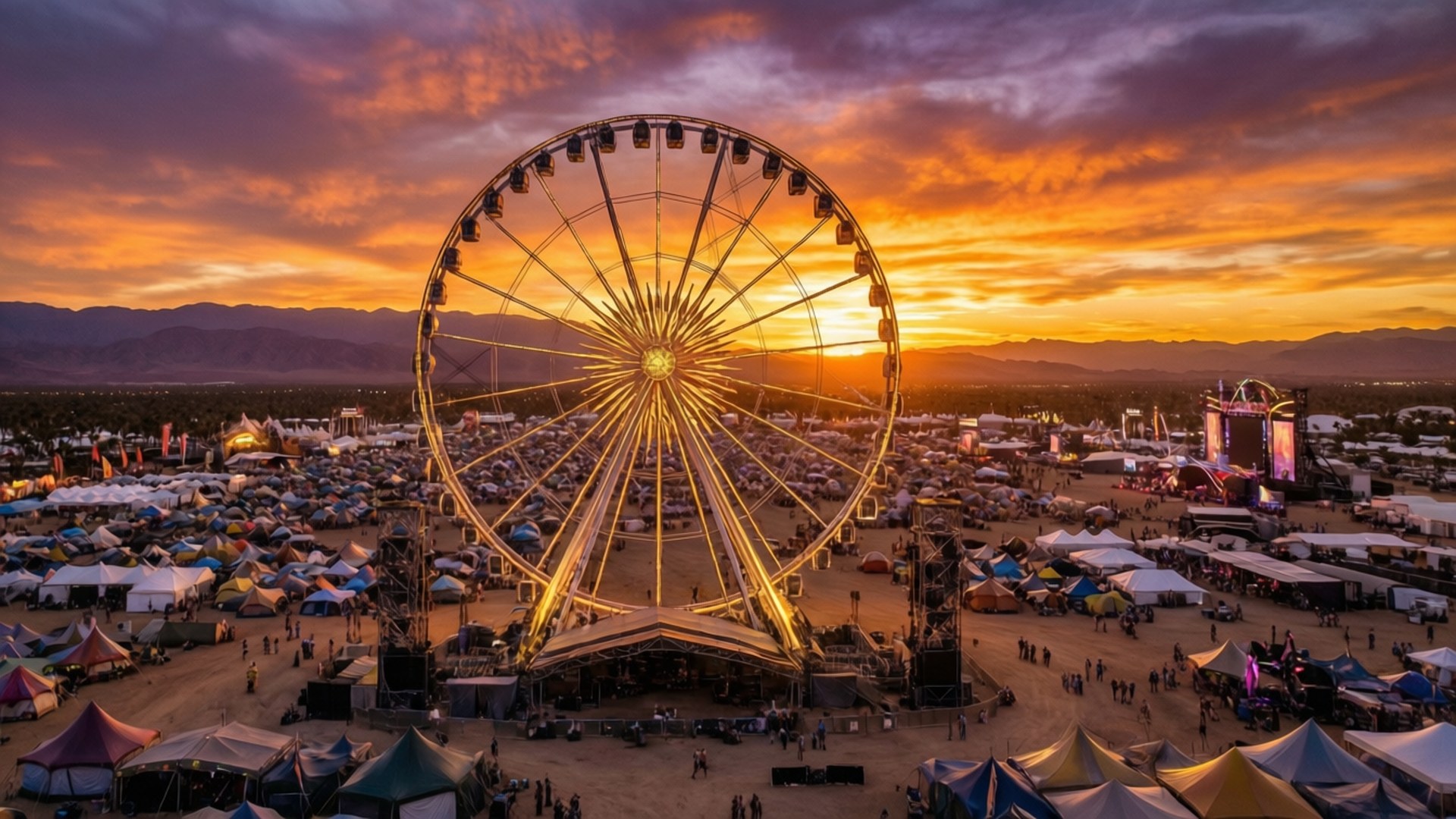 Coachella 桌布 壁紙 — 沙漠音樂節中，一座巨大發光摩天輪在群山之上熾熱日落時的鳥瞰圖。