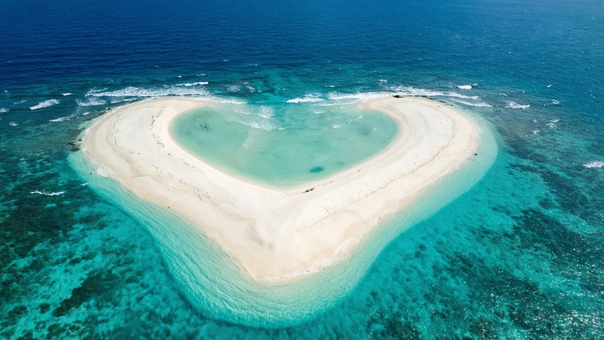 Heart of the Lagoon 壁紙 — 從高空俯瞰一個純淨的心形沙洲，被碧綠海水和珊瑚礁環繞。
