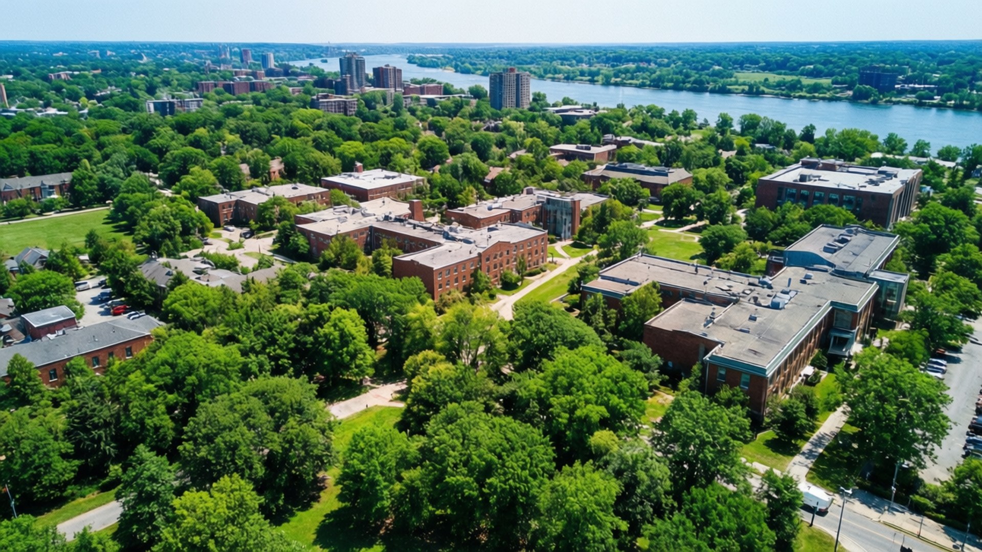 Campus Aerial Summer 壁紙 — 大學校園的鳥瞰圖，磚砌建築坐落在茂密的綠樹之中，旁邊是一條寬闊的河流，天空清澈湛藍。