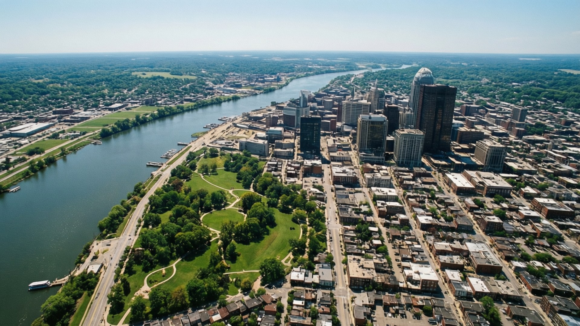 Aerial Louisville 壁紙 — 晴朗藍天下，蜿蜒河流穿過茂密綠色公園和密集城市社區的充滿活力的城市景觀鳥瞰圖。