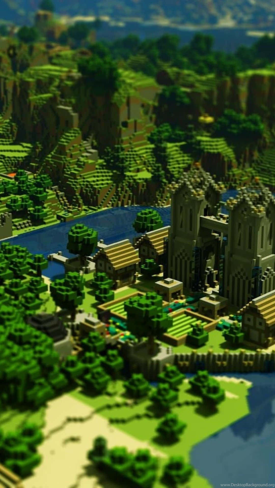 以方塊像素藝術風格呈現的Minecraft村莊，包含城堡和河流。