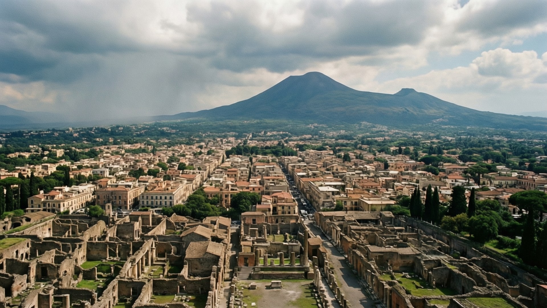 Pompeii Aerial Panorama 壁紙 — 古代龐貝遺址的鳥瞰圖，現代建築與維蘇威火山在戲劇性的多雲天空下若隱若現。