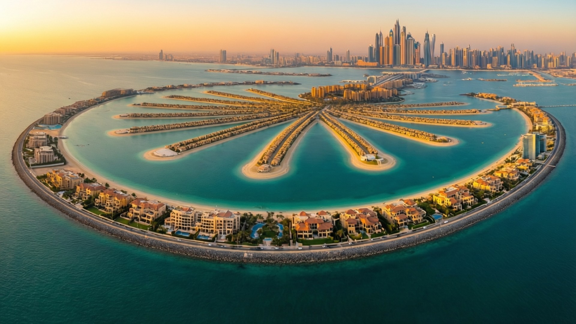 Dubai 桌布 壁紙 — 黃金時段的棕櫚島空中俯瞰，碧綠海水與杜拜天際線為背景。