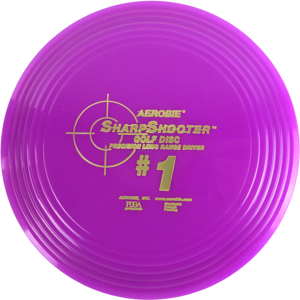 紫色Aerobie Sharpshooter高爾夫飛盤 壁紙 — 一個充滿活力的紫色Aerobie Sharpshooter高爾夫飛盤驅動器，帶有金色文字和目標標誌，背景為黑色。
