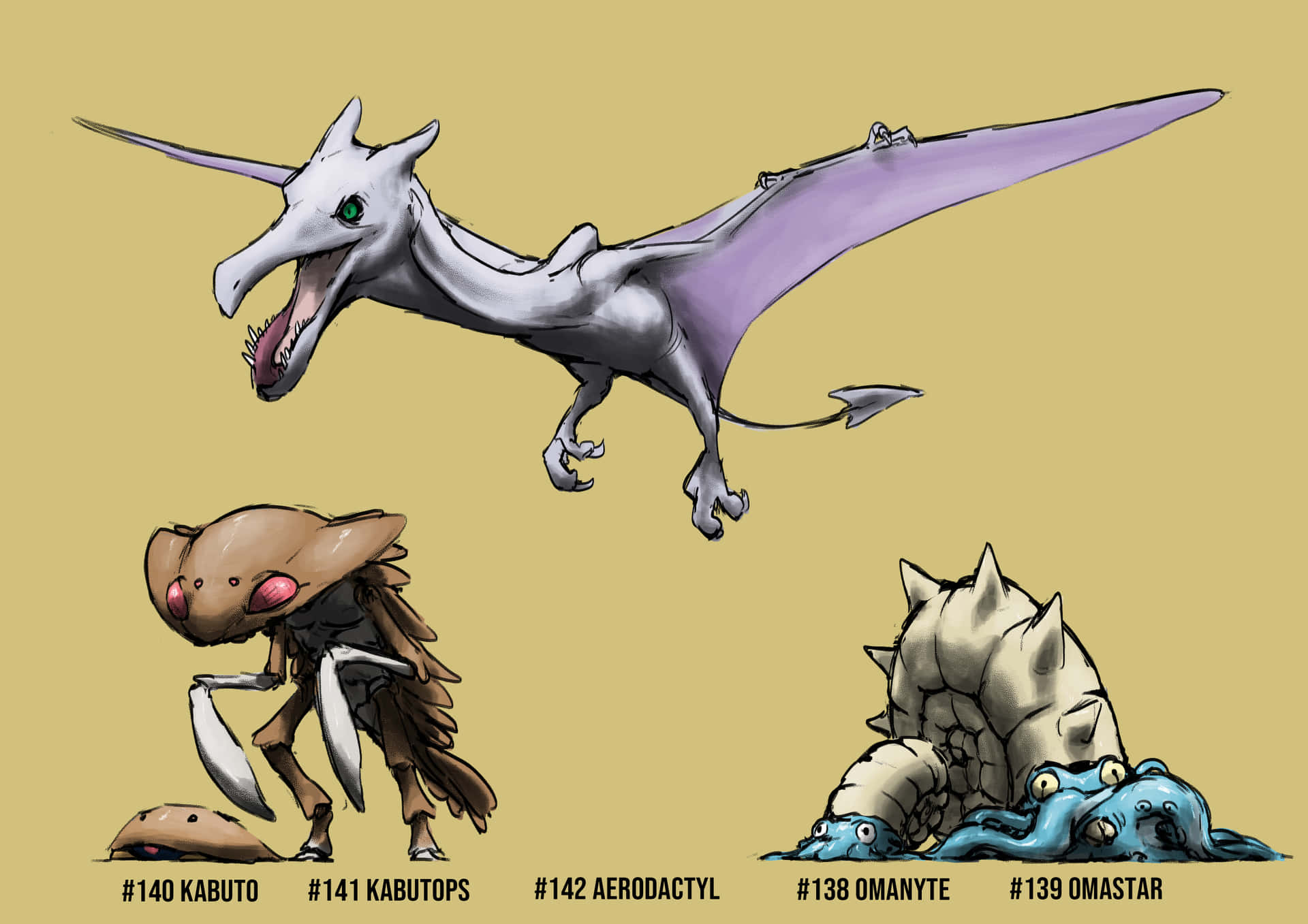 三個寶可夢生物設計，標有 Kabuto Kabutops Aerodactyl Omanyte Omastar
