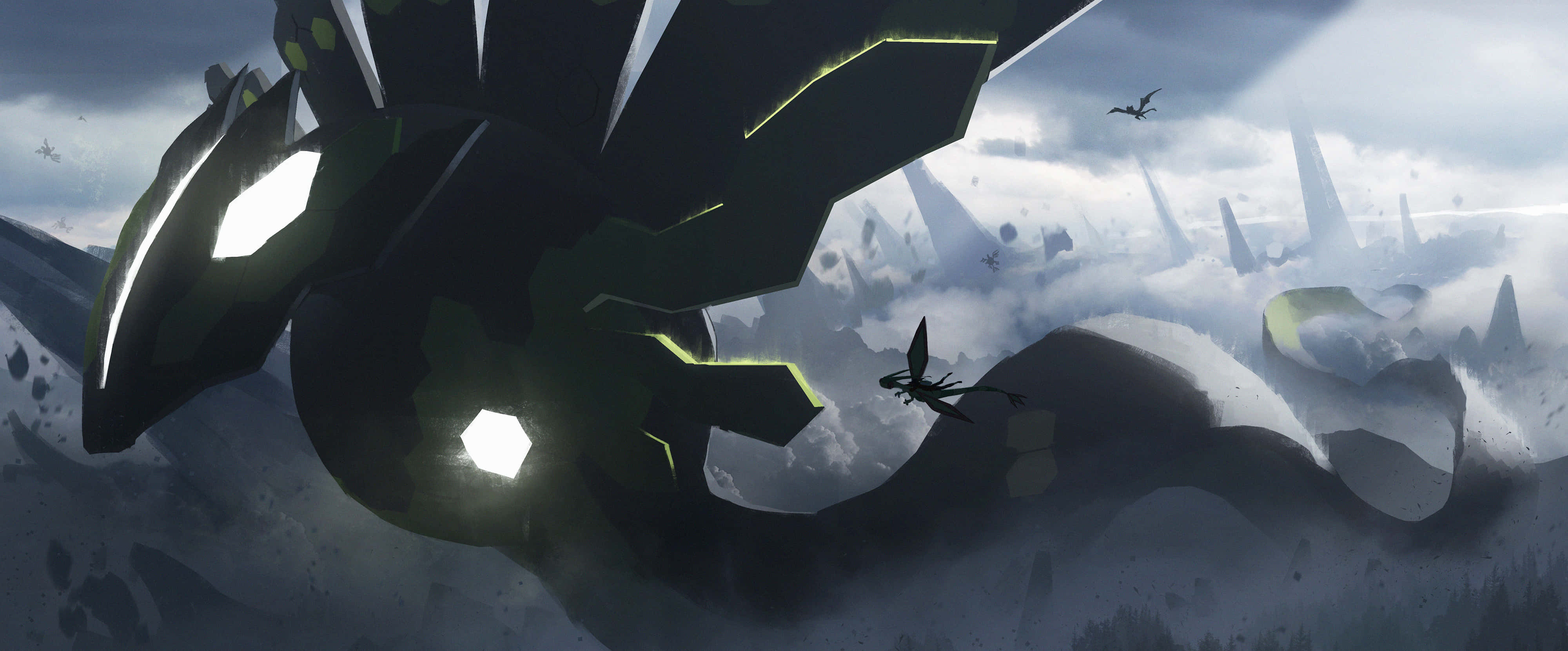 Aerodactyl 與 Zygarde 壁紙 — 一隻帶有發光綠色點綴的巨大黑暗龍在陰雲密布的天空下，飛翔於霧氣繚繞的山地景觀之上。