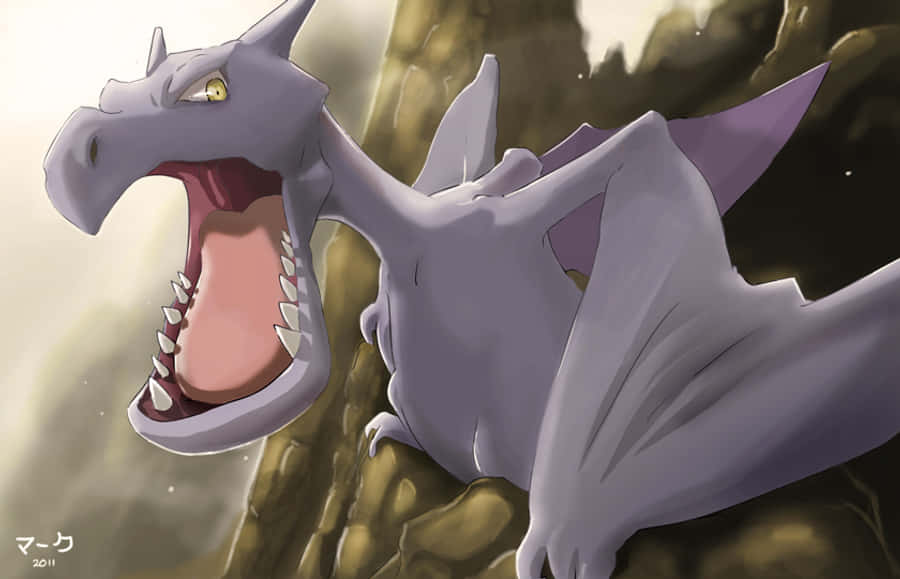 Aerodactyl 原創插畫 壁紙 — 一隻兇猛的紫色龍在岩石懸崖背景下露出鋒利牙齒咆哮。