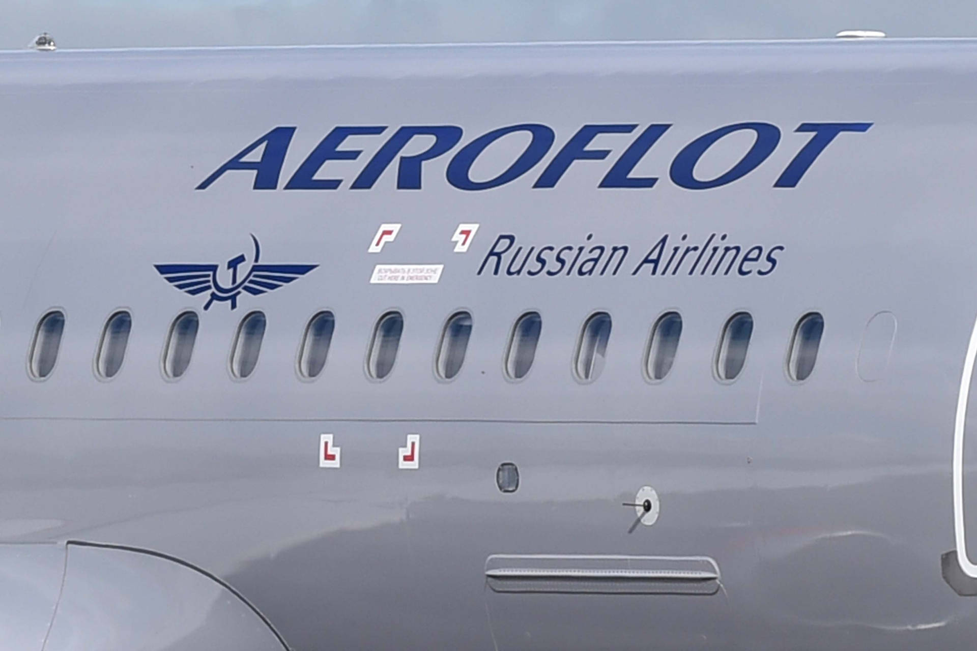 灰色俄羅斯航空（Aeroflot Russian Airlines）機身，帶有窗戶和標誌。