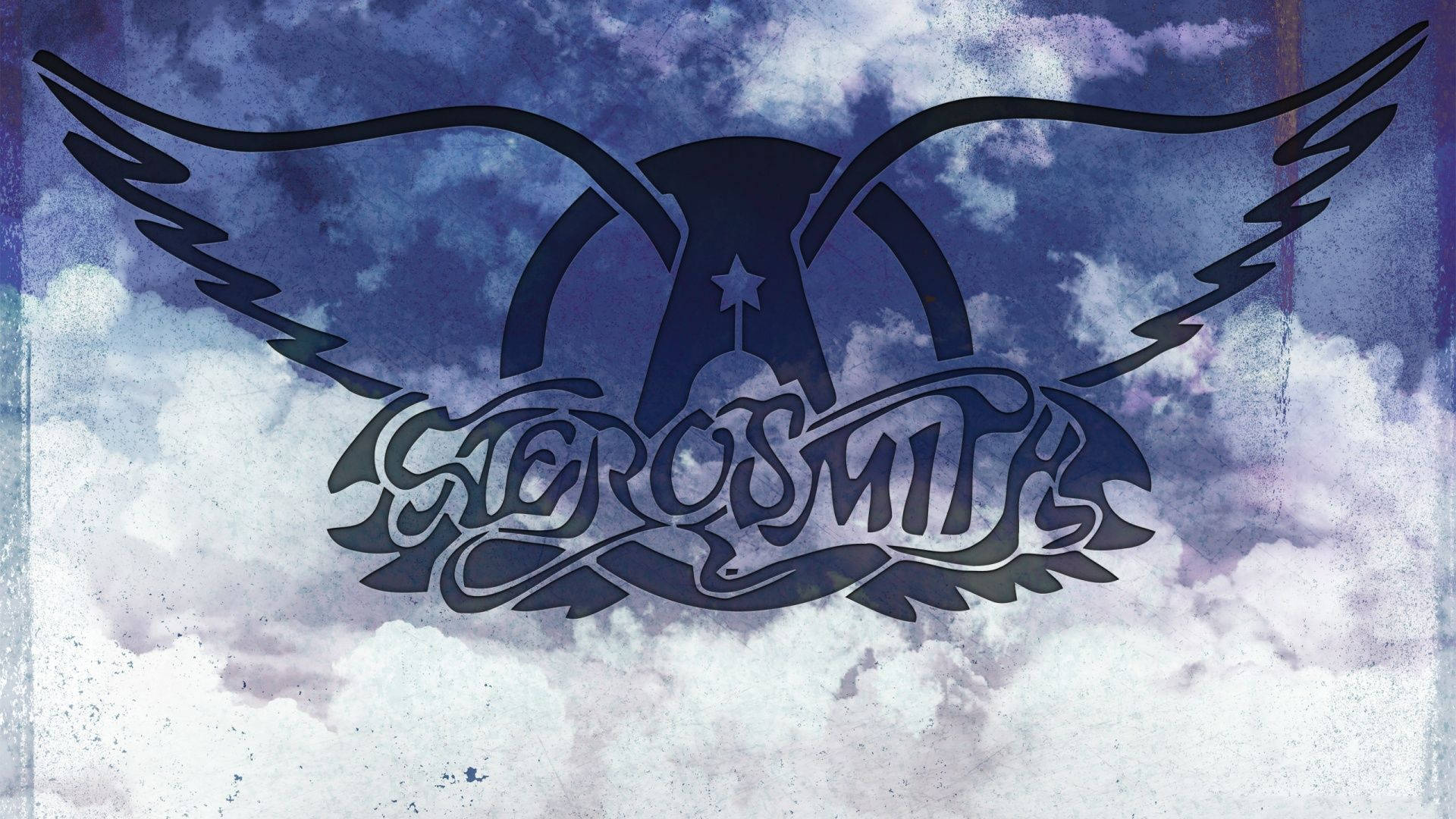 Aerosmith《Hole In My Soul》音樂錄影帶哥德風影像 壁紙 — 一個風格化的Aerosmith標誌，帶有翅膀和星星，以藍白相間的紋理雲天為背景。