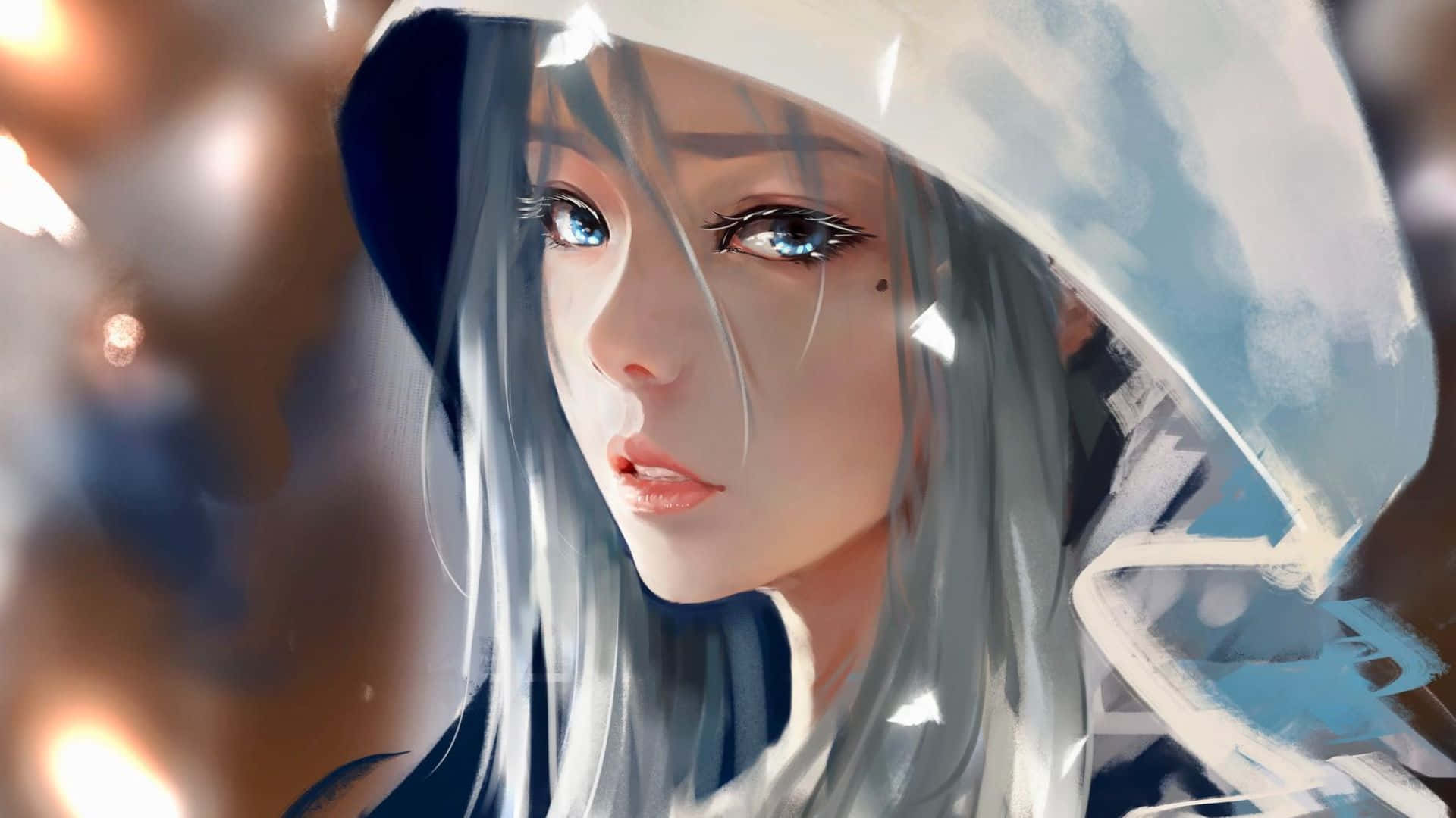 銀髮藍眼動漫女孩，戴著帽子，柔和燈光背景。