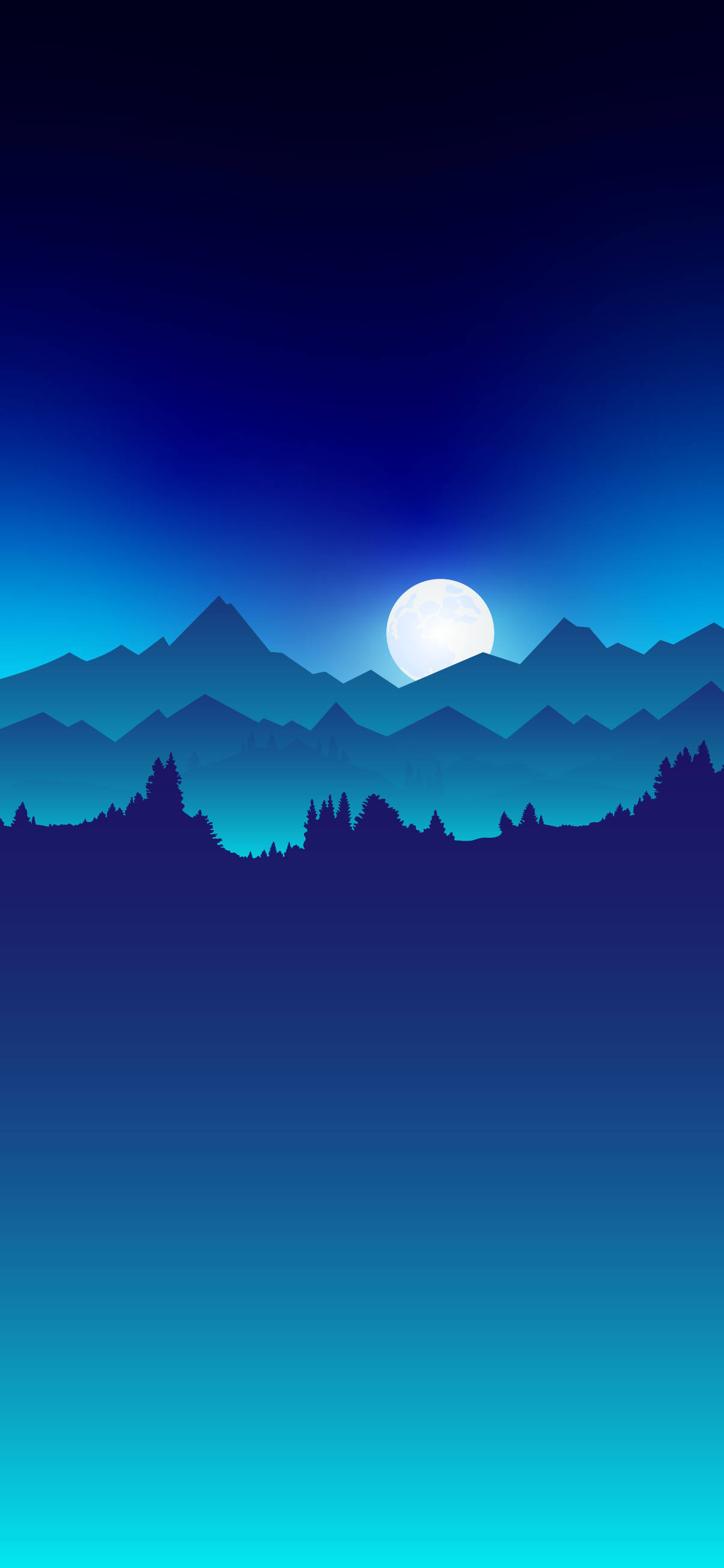 Aesthetic Blue Mountain Moon Digital 壁紙 — 在漸變藍色天空下，一輪滿月從層疊的山巒剪影後升起的寧靜夜景。