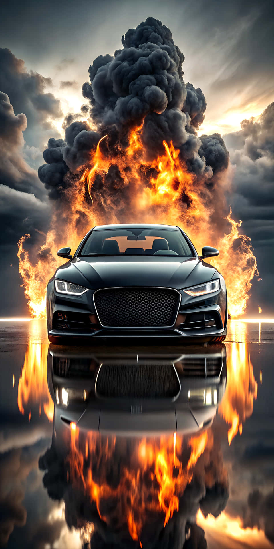 黑色奧迪房車，背後有猛烈爆炸，反射在日落時分的濕漉漉路面上