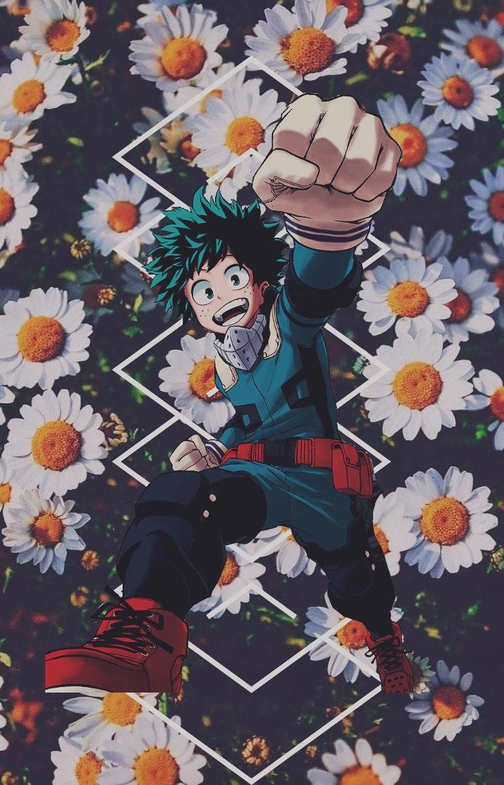 Aesthetic My Hero Academia Midoriya With Daisies 壁紙 — 一個決心堅定的動畫男孩，擁有青色頭髮，在黑暗背景上被白色雛菊包圍，向上揮拳。