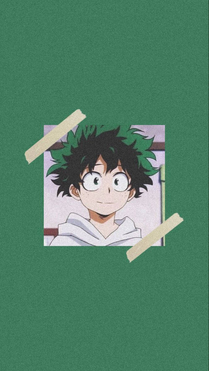 Aesthetic My Hero Academia Smiling Midoriya 壁紙 — 一個開心的動畫男孩，有著尖刺的綠色和黑色頭髮，貼在純綠色背景上。